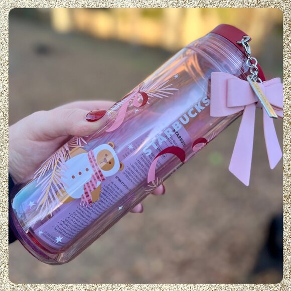 🎄🎀 NWT 2025 Starbucks Christmas Pink/Mauve 16oz Bottle w/ Ribbon Charm - Picture 8 of 12